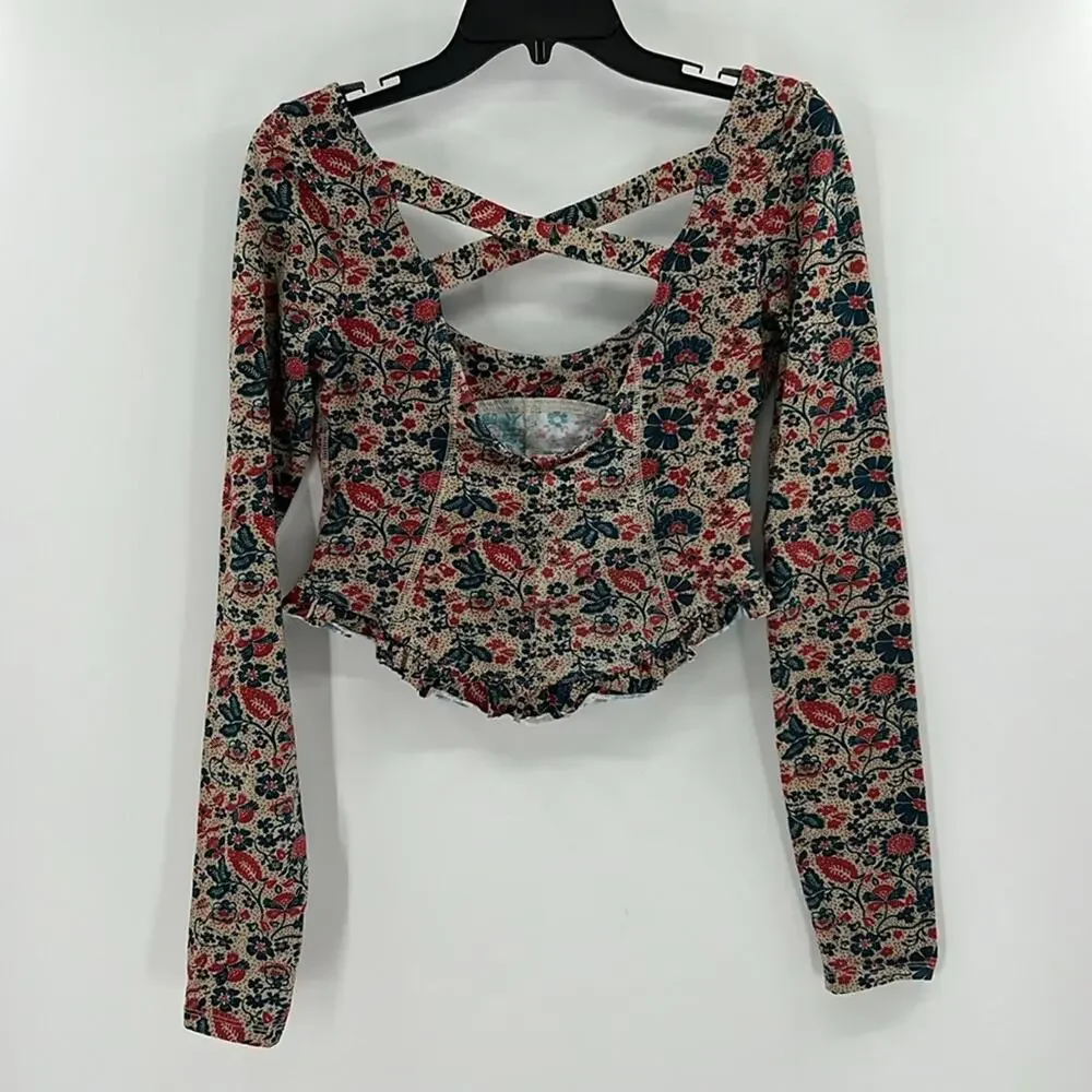 Free People Women's Melanie Floral Long Sleeve Crop Shirt - Sand Combo - S - NWT